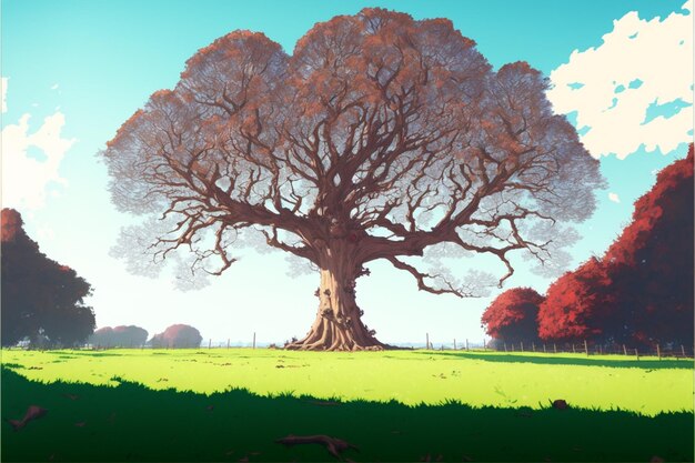 A tree in a field with a blue sky and clouds