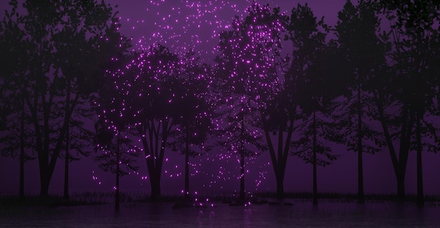 Tree field with fog background with Velvet Violet in 2022 trendy color3D rendering