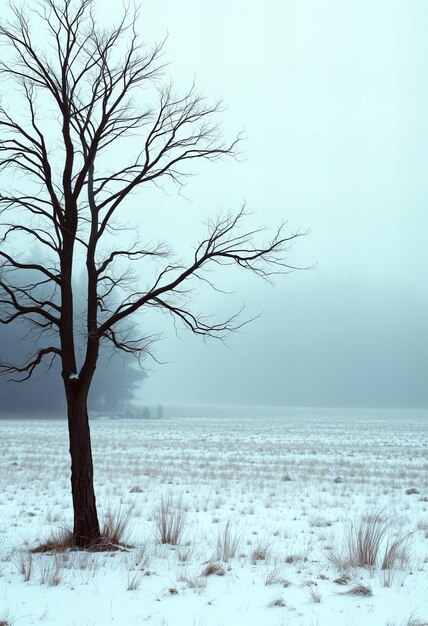 Photo a tree in a field with a foggy background