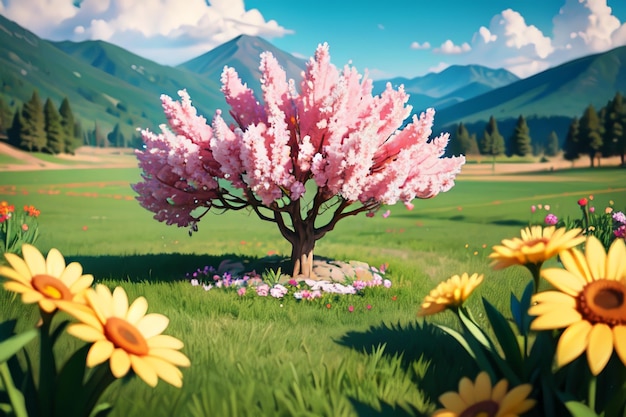 A tree in a field with a mountain in the background