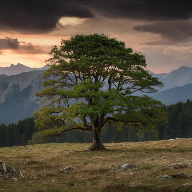 a tree in a field with mountains in the background AI Generated