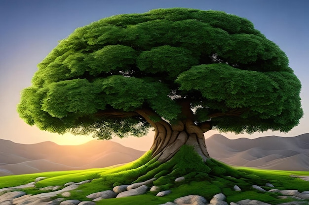 A tree in a field with mountains in the background