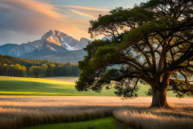 A tree in a field with mountains in the background