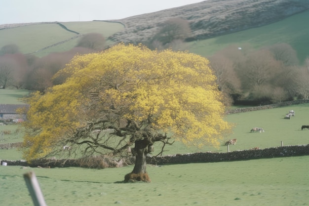 A tree in a field with sheep in the background