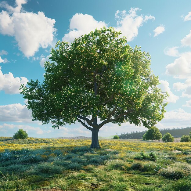 a tree in a field with a sky background