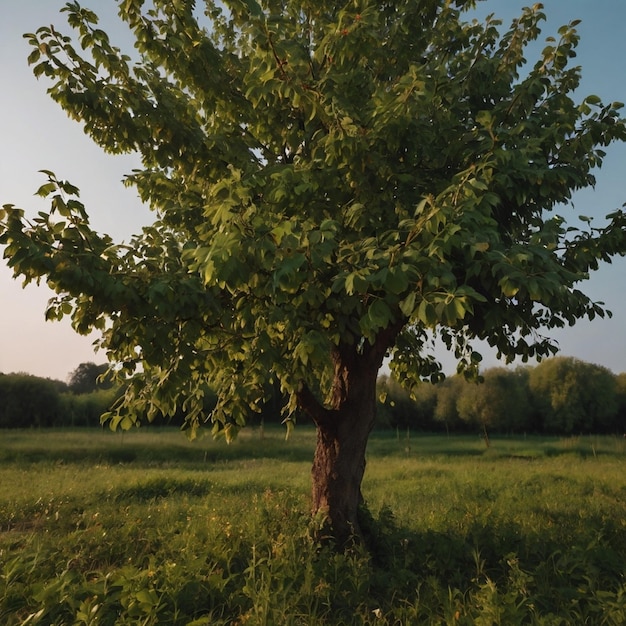 a tree in a field with a sky background