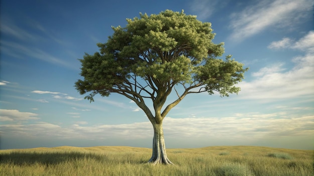 a tree in a field with the sky in the background