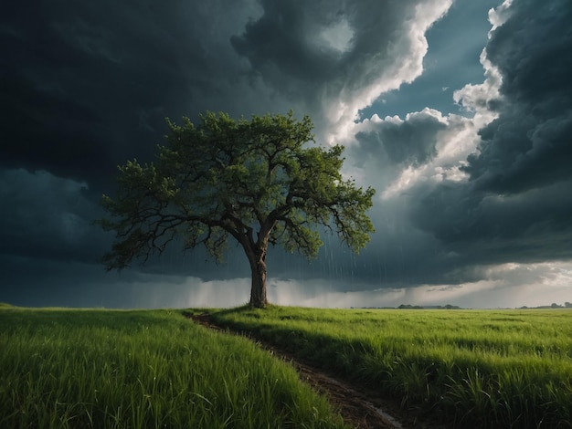 a tree in a field with a storm cloud behind it