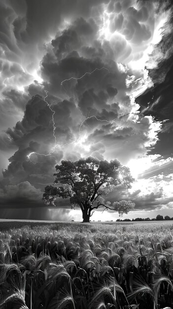 a tree in a field with a storm cloud in the sky