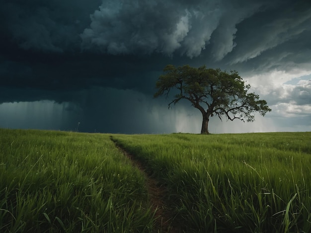 a tree in a field with a storm coming in the background