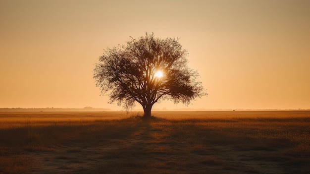 A tree in a field with the sun behind it