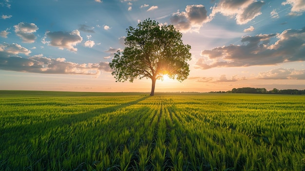 a tree in a field with the sun setting behind it