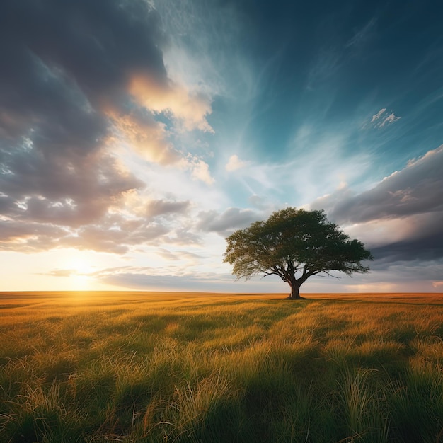 A tree in a field with the sun setting behind it