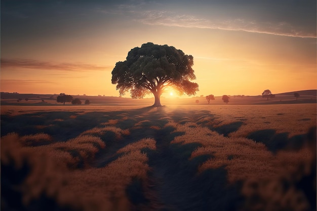 A tree in a field with the sun setting behind it