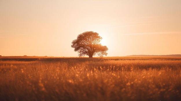 A tree in a field with the sun setting behind it