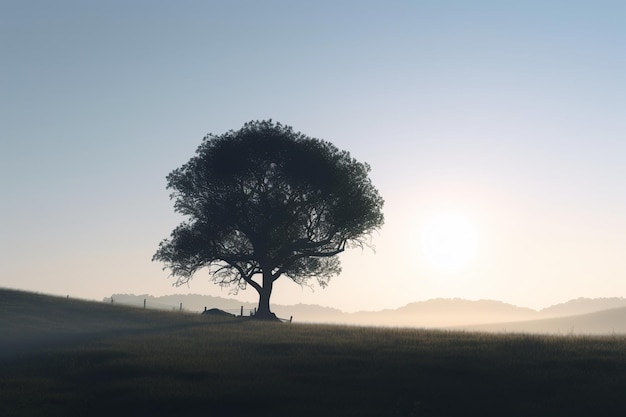 A tree in a field with the sun shining on it