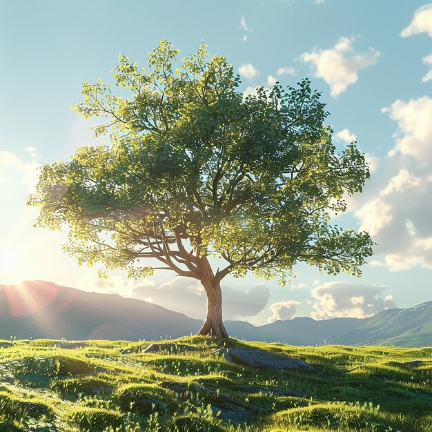 a tree in a field with the sun shining through the clouds