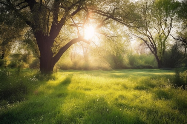 A tree in a field with the sun shining through the trees