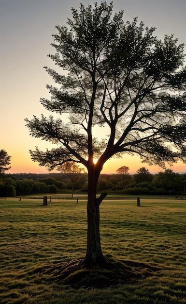 a tree in a field with a sunset in the background