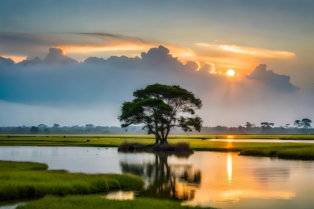 a tree in a field with a sunset in the background