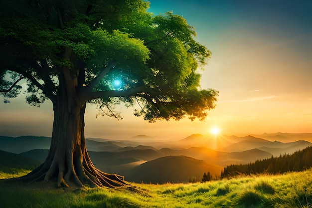 A tree in a field with a sunset in the background