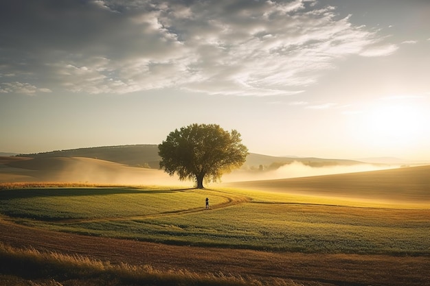 A tree in a field with a sunset in the background