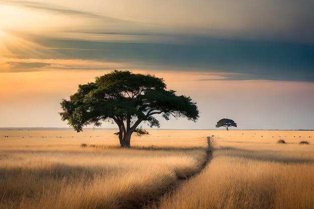 A tree in a field with a sunset in the background