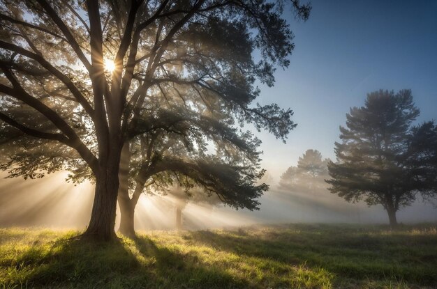 a tree in the fog with the sun shining through the trees