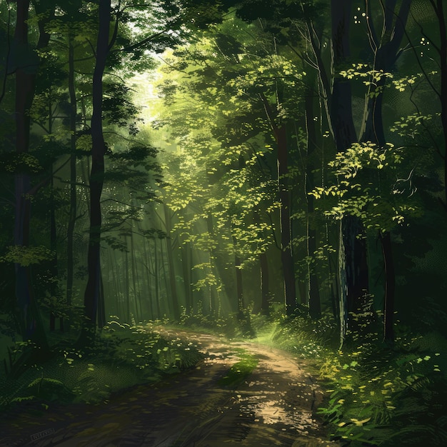 Tree In Forest Sunlight Illuminating Dark Forest Road in Magical Green Woods