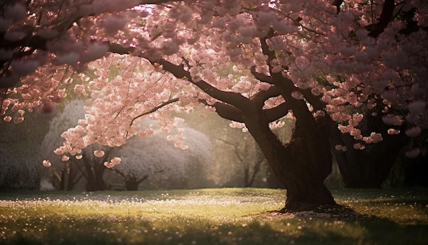 A tree in the forest with pink flowers