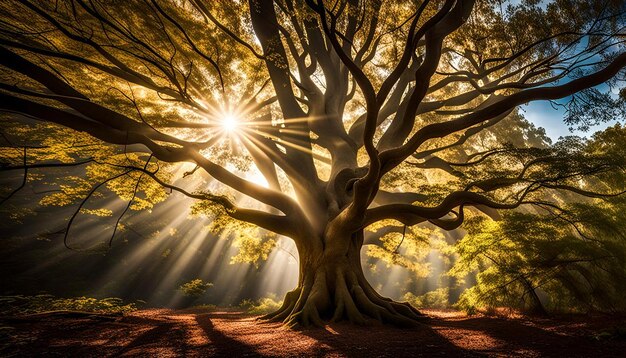 A tree in the forest with the sun shining through it