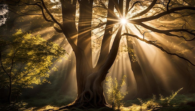 A tree in the forest with the sun shining through it