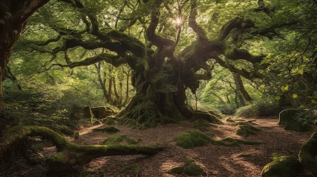 A tree in the forest with the sun shining through the trees