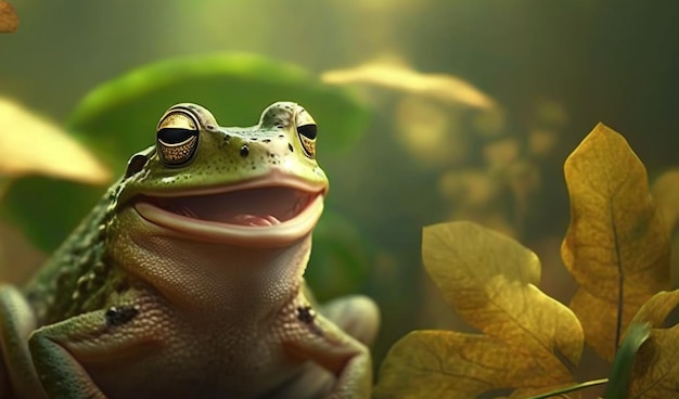 Tree frog front view on green leaves Flying frog look like laughing