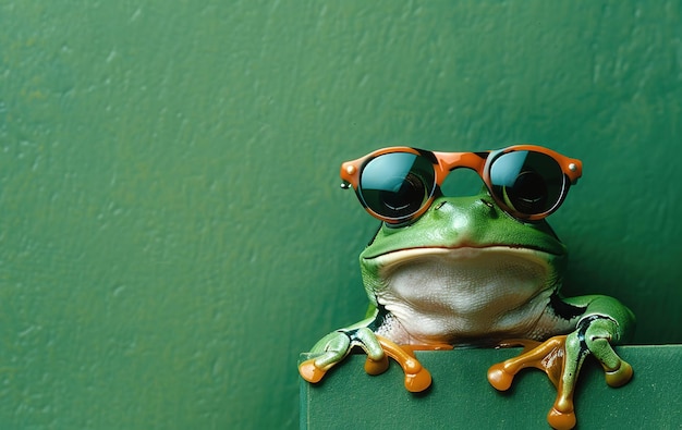 Photo tree frog with sunglasses peeks out from behind a corner on a green background amphibian wildlife animals