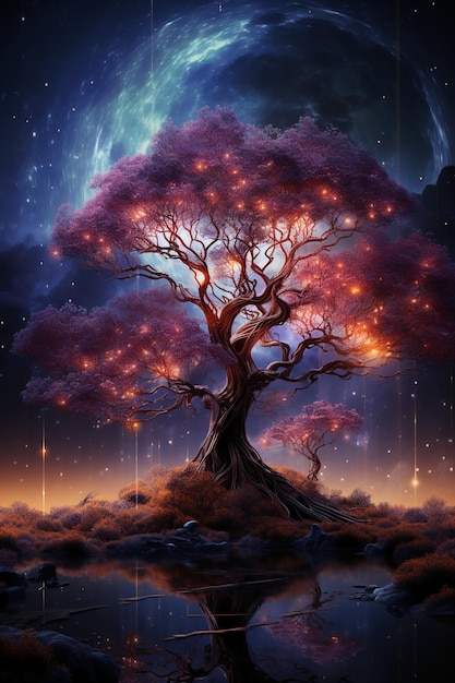 A tree in front of a starry sky with purple data streams rising AI generative