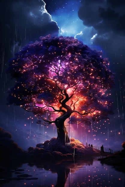 A tree in front of a starry sky with purple data streams rising AI generative