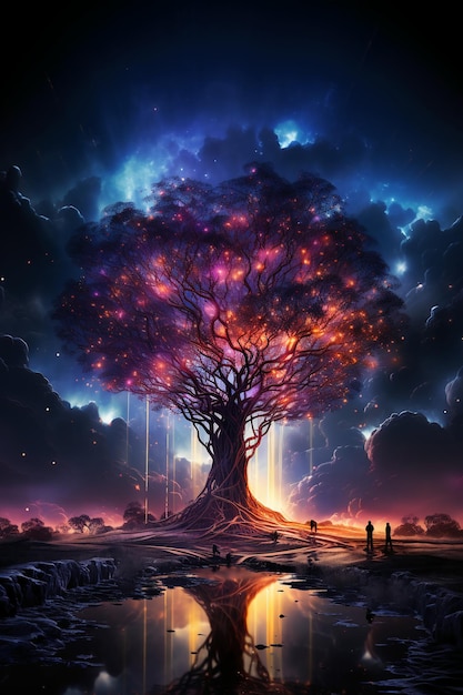 A tree in front of a starry sky with purple data streams rising AI generative