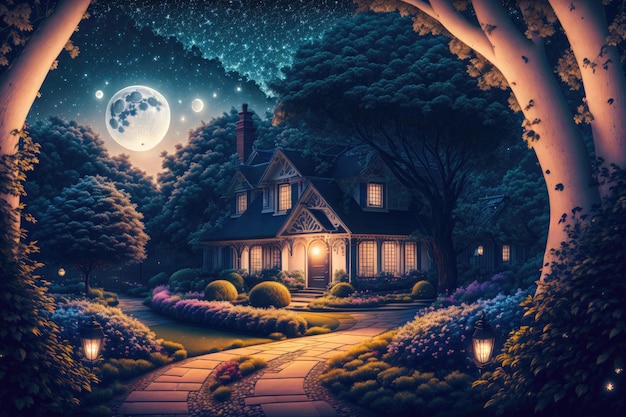 a tree in a garden with a house in the background at night time with a full moon in the sky