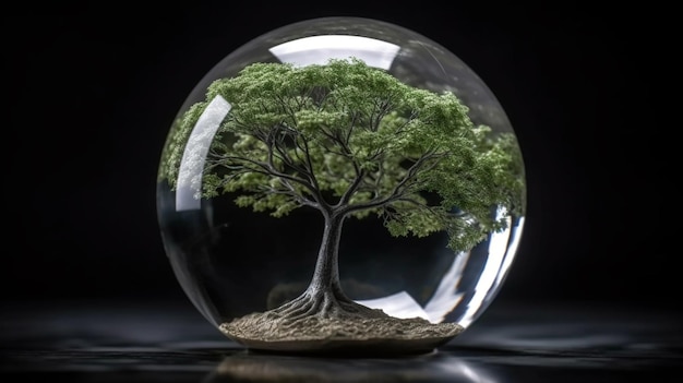 tree in glass ball Lens Sphere Crystal Ball Focusing Sun Rays and reflecting countryside woodland