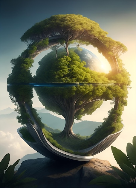 a tree in a glass globe with the sun behind it