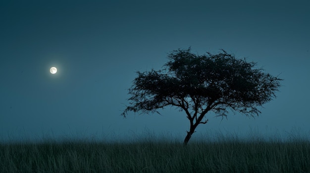 Tree in the grassland at night with full moon in the background