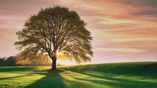 Tree on green field during golden hour