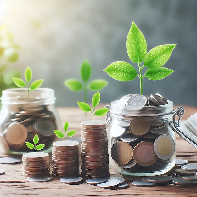 Tree growing on coin and blurred green nature background money growth concept and business success