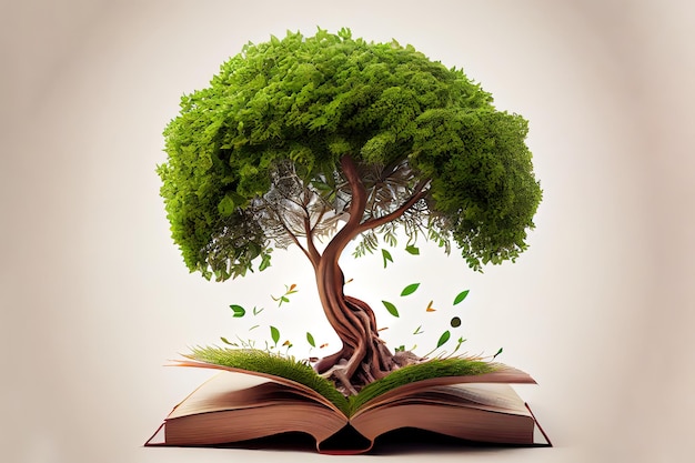 Tree growing from opened old book Generative Ai