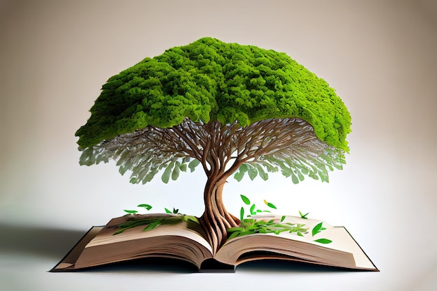 Tree growing from opened old book Generative Ai