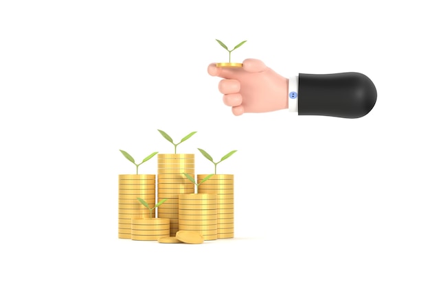 Tree growing from pile of coins Concept of money plant growing from coins in hand