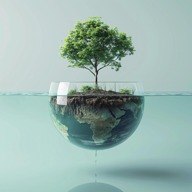 a tree growing in a glass bowl of water