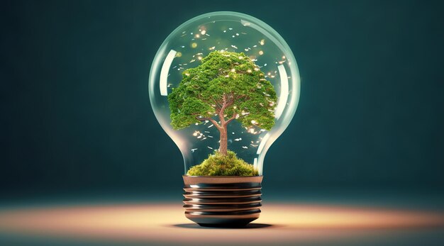 Tree growing on a light bulb with sunlight in nature and small plant growth steppe energy