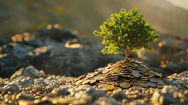 a tree growing on a pile of coins on a rock with a tree growing out of it